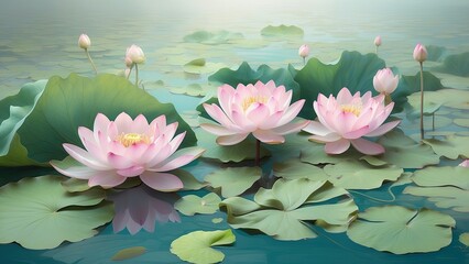 Green-leaved Lotus Flowers Growing in a Lake