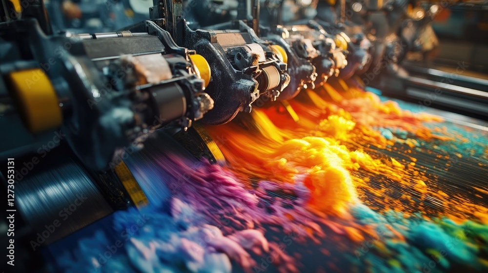 Poster an industrial color printing process with vibrant ink flowing through machinery, emphasizing the inn