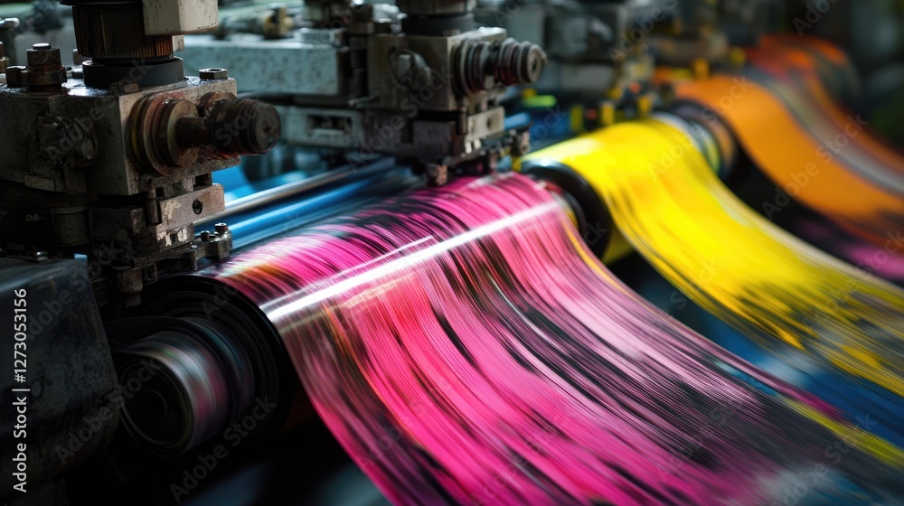 Poster an industrial color printing process with vibrant ink flowing through machinery, emphasizing the inn