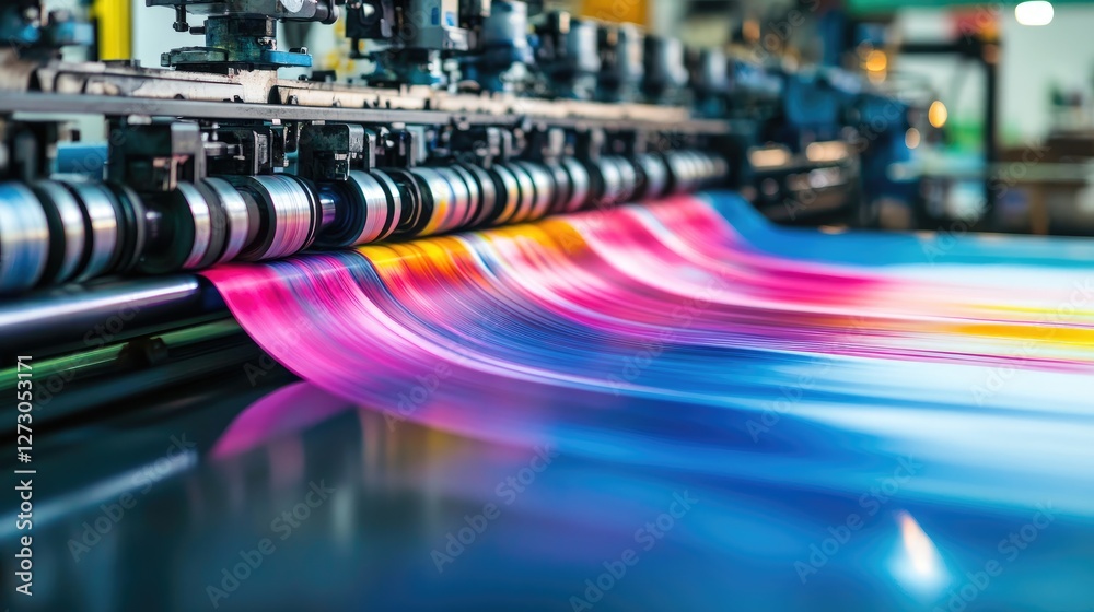 Poster an industrial color printing process with vibrant ink flowing through machinery, emphasizing the inn