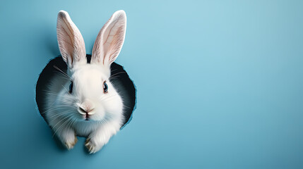 Obraz premium Curious White Rabbit Peeks Out of Blue Wall Hole