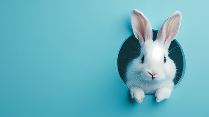 Obraz premium Rabbit Peeks Out of Blue Wall Hole