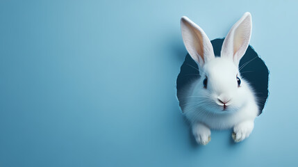 Fototapeta premium Rabbit Peeks Through a Hole in Blue Paper