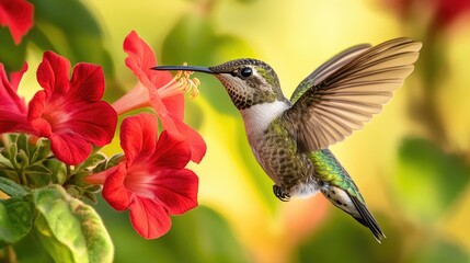 Fototapeta premium Anna hummingbird perched gracefully near a red Mandevilla flower, with its wings in motion, highlighting the bird elegance and beauty.