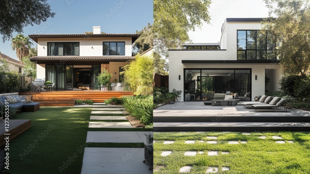 Poster before and after comparison of a neglected, run-down house turned into a modern custom home with lus