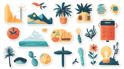 vacation planning sticker collection, globetrotter essentials set, modern flat design icons, minimalist travel symbols, soft color palette, decorative elements, professional illustration style