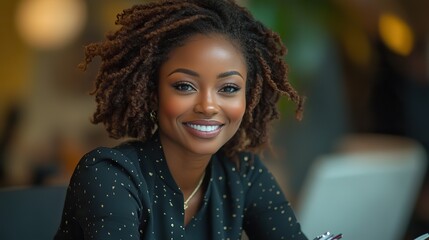 smiling african american businesswoman taking notes during her daily work routine in a modern office environment