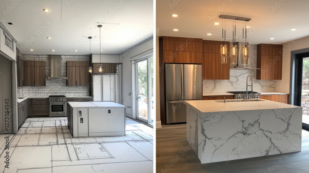 Poster Before-and-after slider comparing a pencil design sketch of a kitchen with the completed custom kitchen, showcasing detailed craftsmanship and modern design.