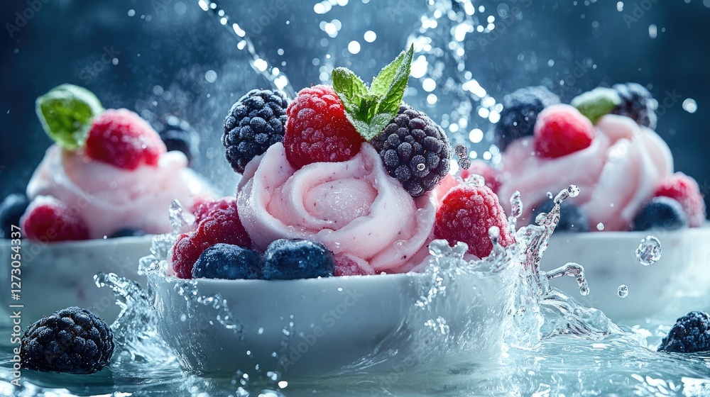 Poster Bright and colorful frozen desserts with mixed berries, set against a backdrop of splashing water, showcasing a refreshing and appetizing scene.