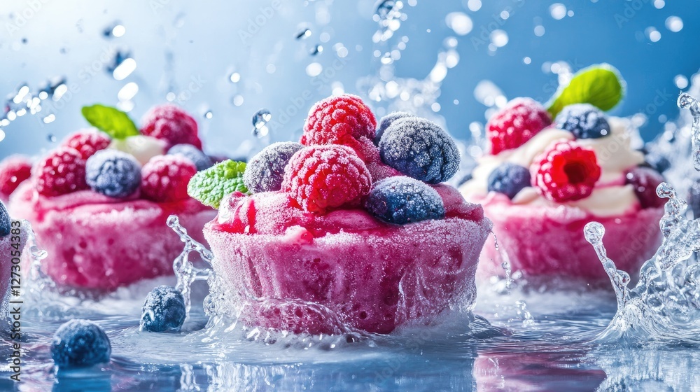 Poster Bright and colorful frozen desserts with mixed berries, set against a backdrop of splashing water, showcasing a refreshing and appetizing scene.