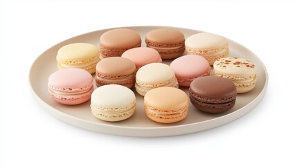 Obraz premium Delicious assortment of colorful macarons presented on a neutral plate in a bright setting