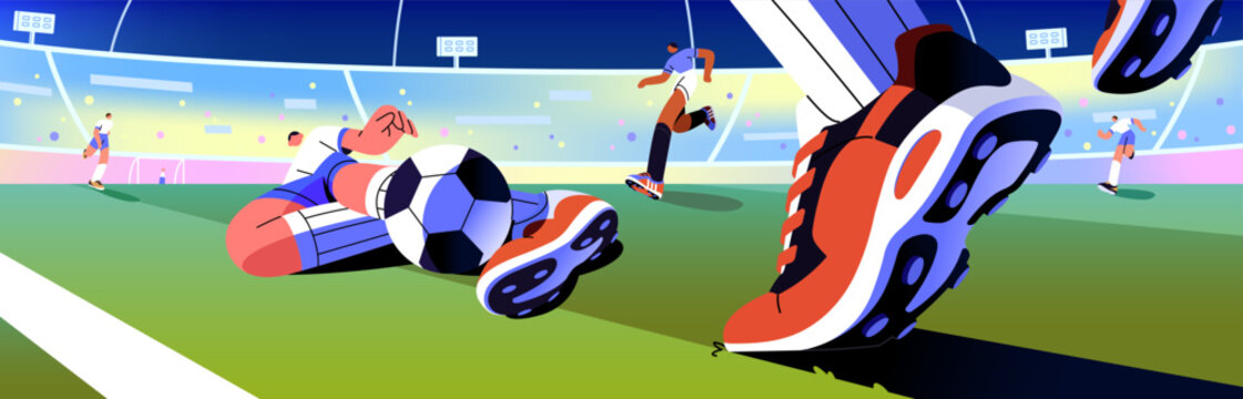 Banner of soccer match. Sportsmen play football, contest in sport stadium. Forward player passes, kick, hit ball with foot and opponent catches, bounces it. Competition. Flat vector illustration