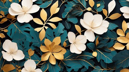 Elegant Green Summer Background with Golden Metallic Wall Art - Vector Design