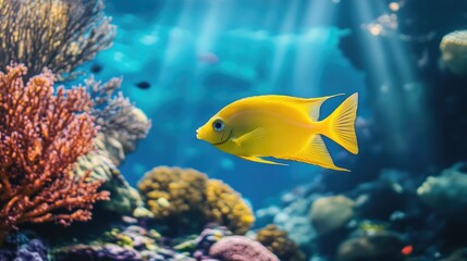 Obraz premium Bright yellow fish swimming gracefully through a colorful coral reef, showcasing the vibrancy and diversity of marine life under clear blue waters.