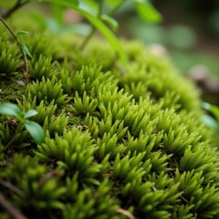 close-up background of soft, vibrant green moss covering a forest floor