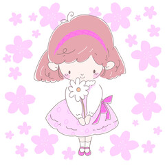 プレゼントの白い花を持つピンク色のワンピースの女の子　背景桜
