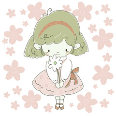 プレゼントの白い花を持つピンク色のワンピースの女の子　背景桜
