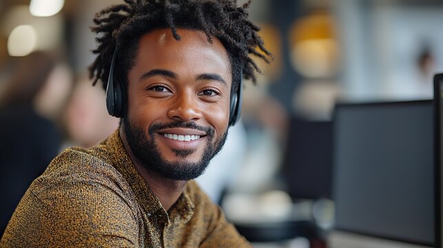 smiling customer service representative with an afro hairstyle providing professional support while using a headset and computer in a modern office environment