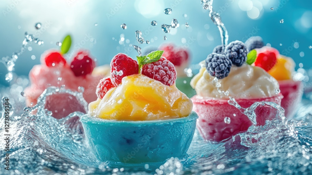 Poster colorful frozen desserts with juicy berries and a refreshing splash of water in the background, crea