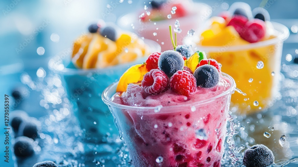 Poster colorful frozen desserts with juicy berries and a refreshing splash of water in the background, crea