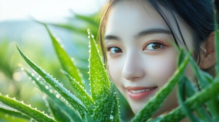 Naklejka premium Woman smiling, aloe vera field, sunrise, skincare