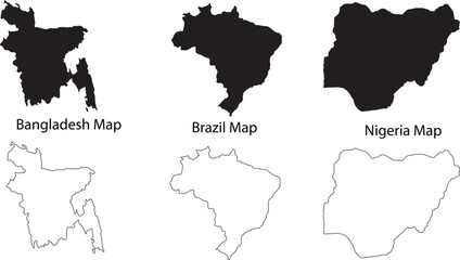 Obraz premium Set of three countries maps Bangladesh Brazil and Nigeria with black fill and outline isolated on transparent white background