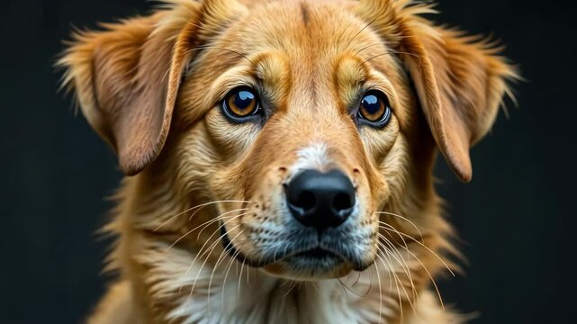 Close-up of a dog on a black background looking at the camera
