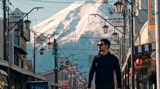 A man walks along Honcho Street in Fujiyoshida, Japan, with the breathtaking Mount Fuji rising in the background.
