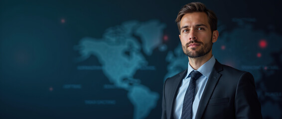 A professional in formal attire, set against a digital AI background. The image conveys  business approach.