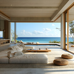 Fototapeta premium Luxury Beach House Interior Design Ocean View Living Room