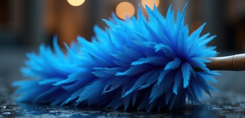 Obraz premium A vibrant blue duster resting on a surface, exuding a playful yet practical essence, perfect for cleaning or household imagery in marketing.