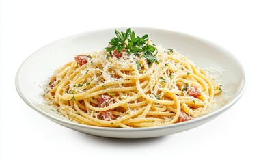 Hovering plate of spaghetti carbonara with parmesan shavings, isolated on a white background