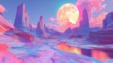 A virtual reality interface powered by AI, showcasing vibrant 3D landscapes