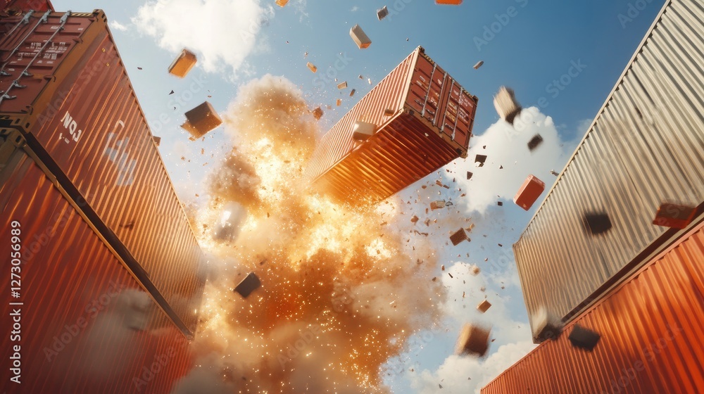 Poster exploding shipping containers in mid-air, creating metallic debris, representing the fierce trade wa