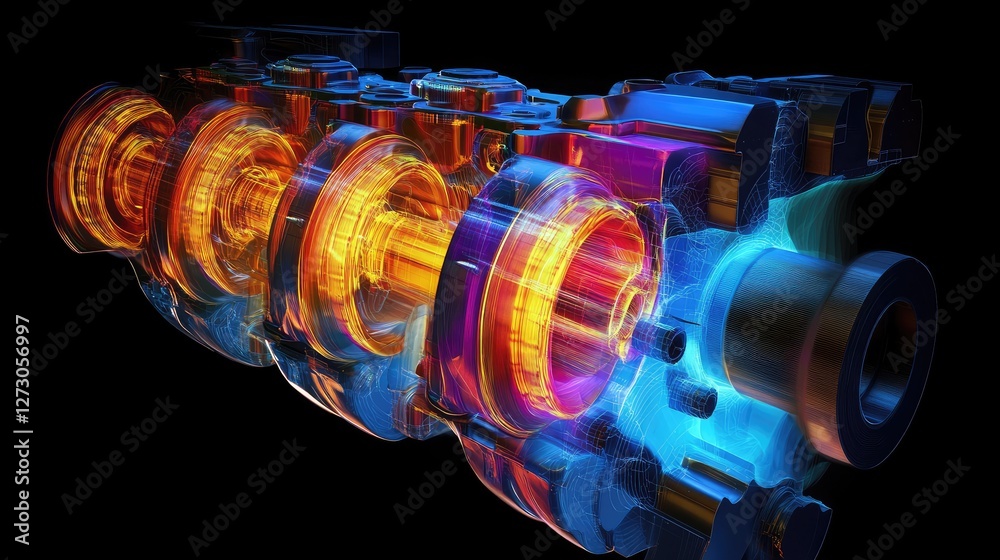 Poster fem analysis of crankshaft and pistons, with a color map highlighting areas of high stress, used for
