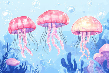 Floating jellyfish in serene underwater scene with bubbles and plants, watercolor illustration Style.