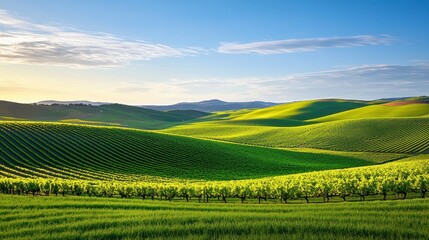 Obraz premium Rolling green hills form agricultural farmland under a clear sky