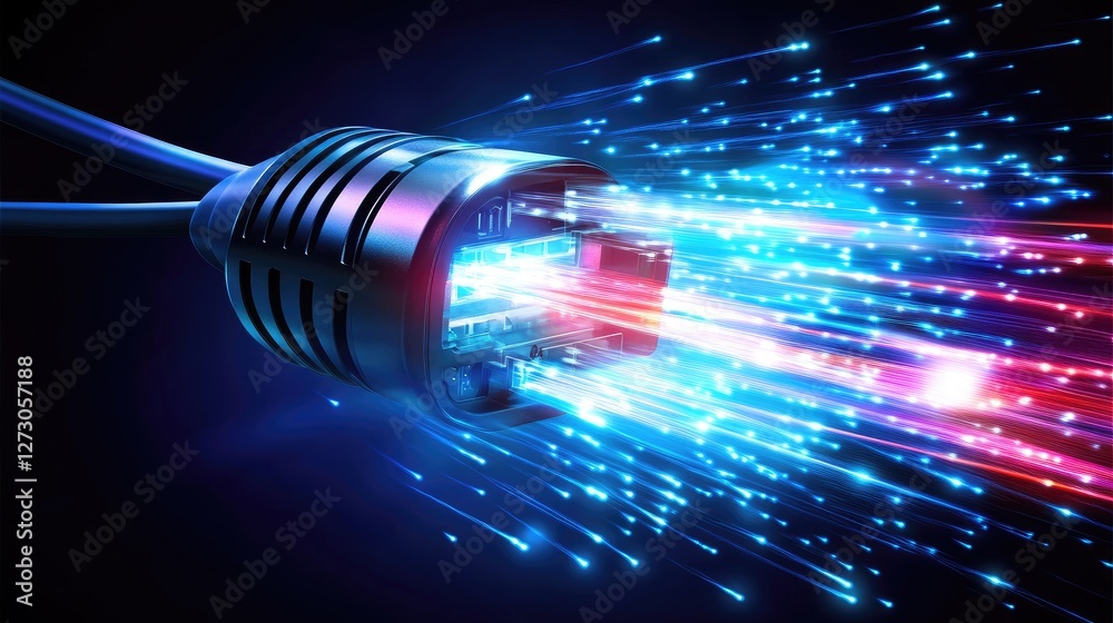 Poster fiber optic cables with vibrant, glowing light streams, emphasizing the advanced communication techn
