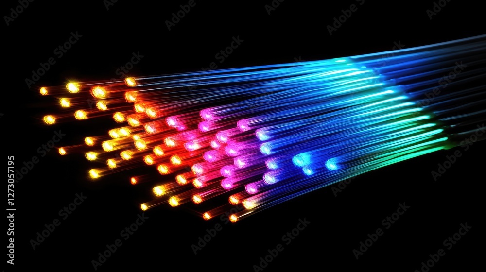 Poster fiber optic cables with vibrant, glowing light streams, emphasizing the advanced communication techn