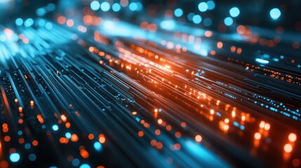 Fiber optic cables glowing as data travels across a modern circuit board, showcasing the rapid advancement of technology and high-speed communication.