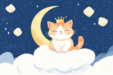 Fototapeta premium Adorable kitten wearing tiny crown sitting on cloud with stars, watercolor illustration Style.