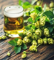 Alpine hops and wheat beautifully arranged on a rustic wooden table, showcasing nature's bounty.