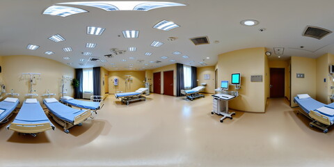 Full 360 degrees seamless spherical panorama HDRI equirectangular projection of hospital interior with adjustable beds. Texture environment map for lighting and reflection source rendering 3d scenes.