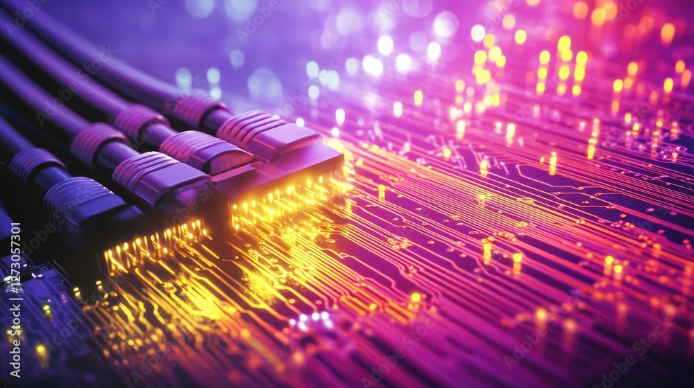 Poster fiber optic strands glowing with futuristic lights, transmitting data across a circuit board, highli