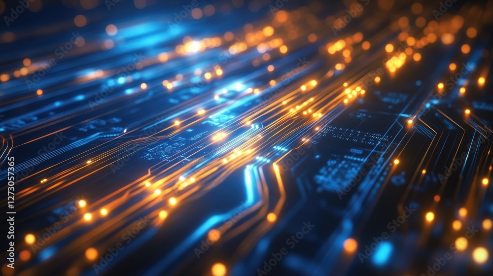 Poster Fiber optic strands illuminated by futuristic lights, transmitting data across a circuit board, representing the speed and efficiency of modern technology.
