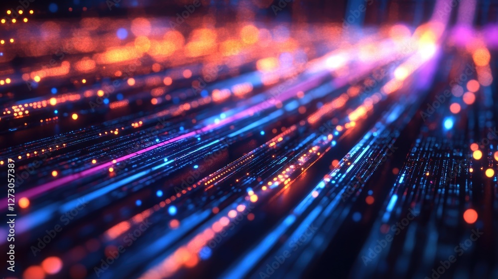 Poster fiber optic strands illuminated by futuristic lights, transmitting data across a circuit board, repr