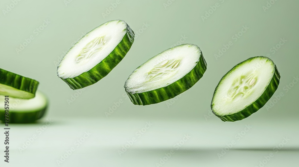 Poster Fresh, healthy cucumber slices levitating against a clean background, emphasizing the freshness and nutritional benefits of the vegetable.