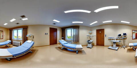 Full 360 degrees seamless spherical panorama HDRI equirectangular projection of hospital interior with adjustable beds. Texture environment map for lighting and reflection source rendering 3d scenes.