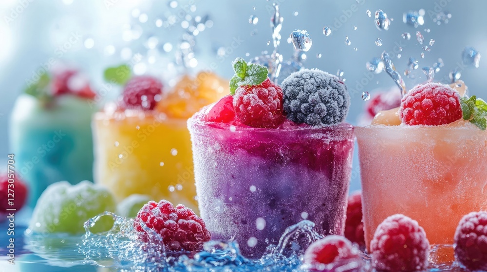 Poster frozen desserts in various vibrant colors, with fresh berries and a splash of water in the backgroun