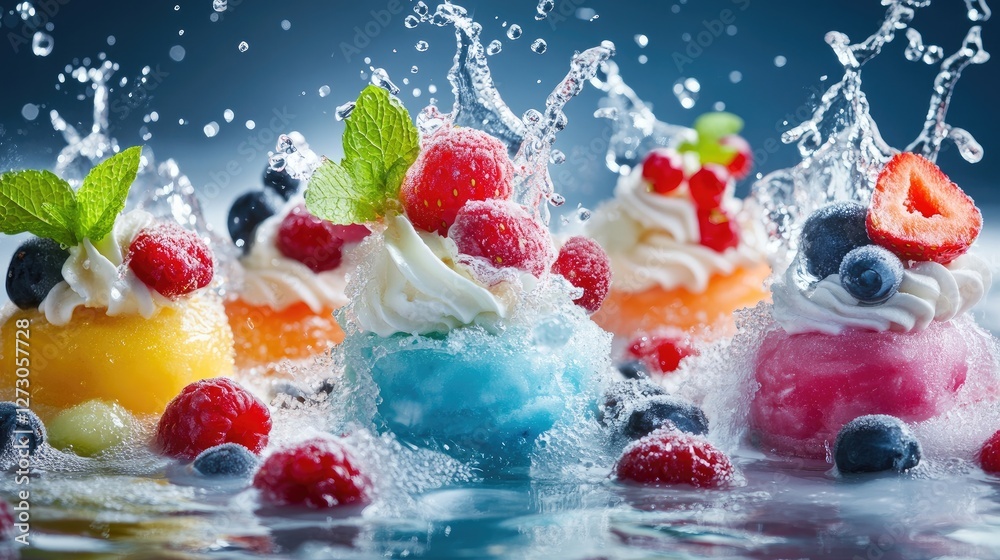 Poster frozen desserts in various vibrant colors, with fresh berries and a splash of water in the backgroun
